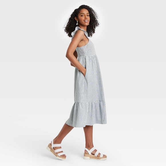 Women's Striped Ruffle Sleeveless Dress Universal Thread XS Blue NWT - Picture 3 of 8